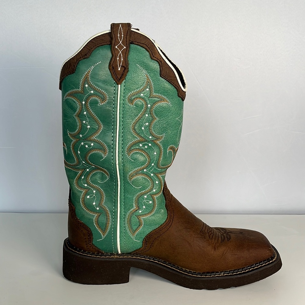 Justin Square Toe boots. Brown with green upper.